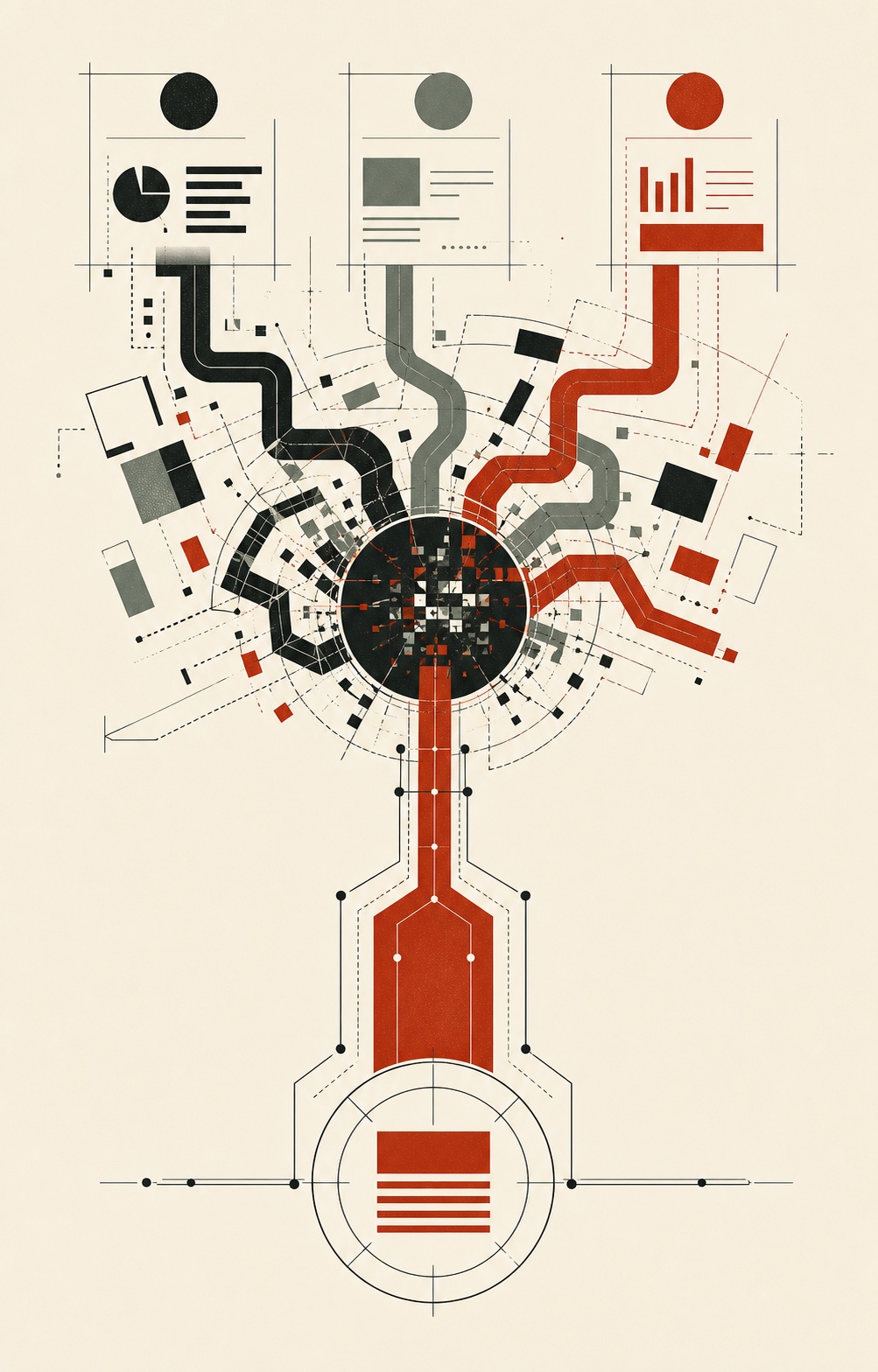 Abstract technical illustration of several conflicting report paths colliding before one controlled path emerges.